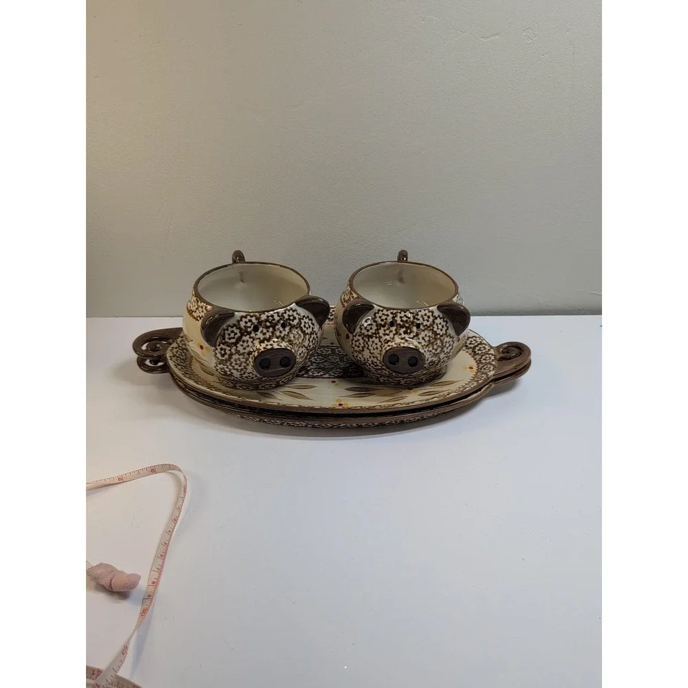 VINTAGE‎ TEMPTATIONS TARA OLD WORLD PIG SHAPED SOUP BOWLS & PLATTERS 4 PIECE